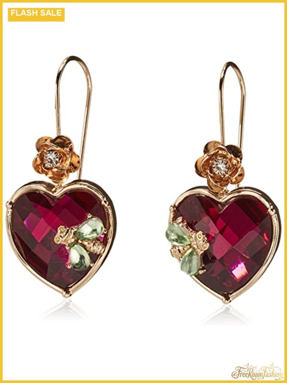 Faceted Stone Heart Dangle Earrings Gold-Tone Glass Shepherds Hook